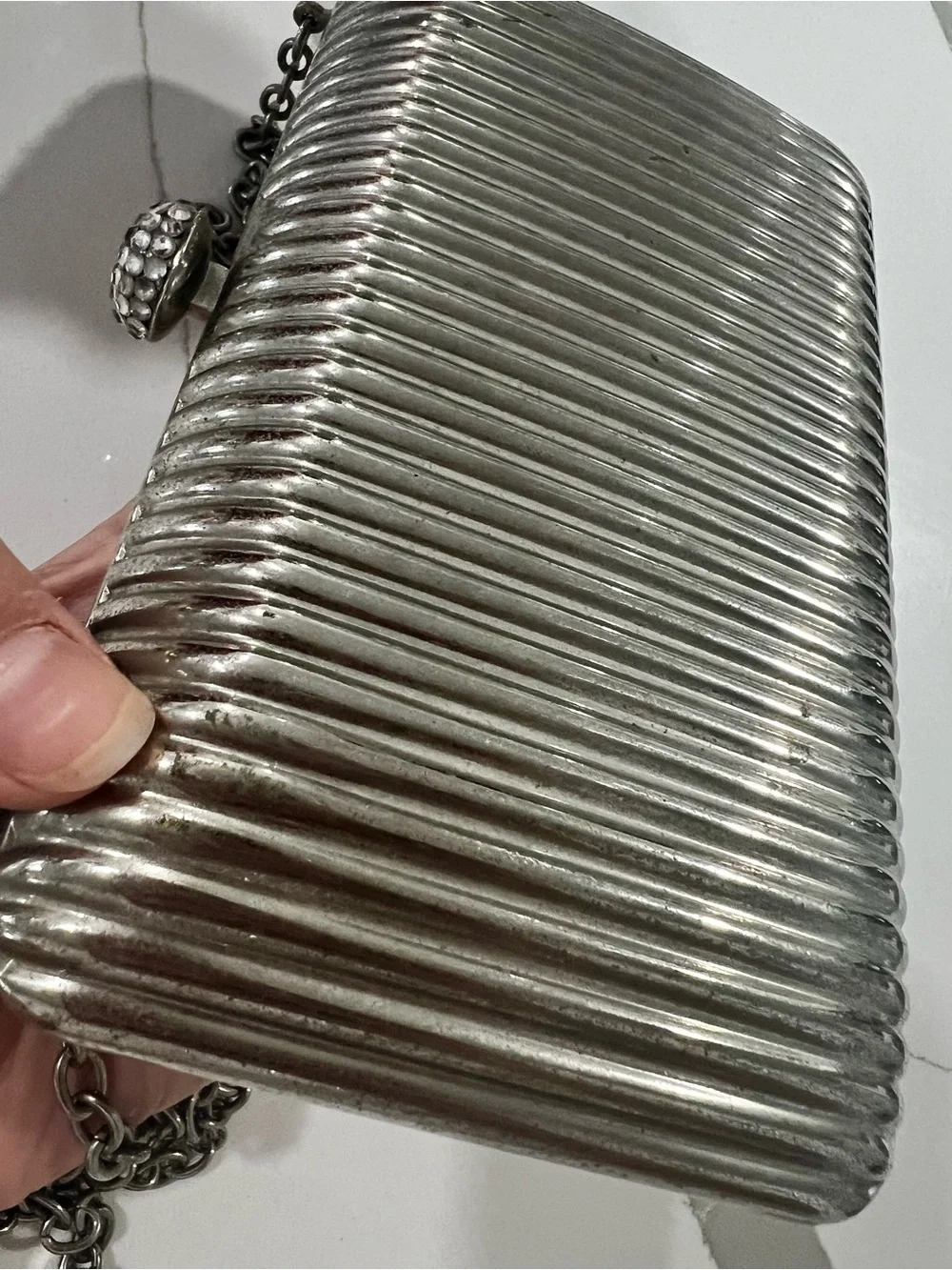 HUSER Silver Steel Hard Case Clutch Evening Bag Ribbed Chain Strap Crystal Clasp
